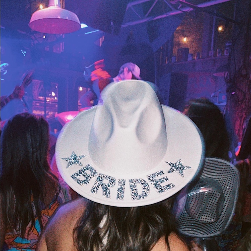 White “Bride” cowgirl hat. One size fits all!